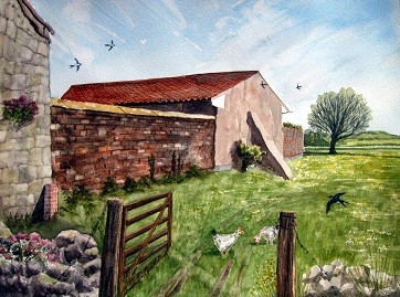 Swallows' Return - Barn at Pawlett with chickens and swallows