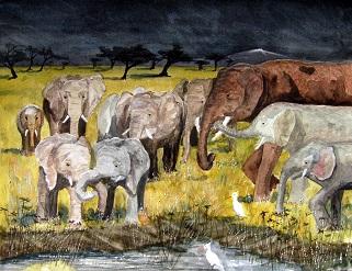 The Watering Hole - African Elephants