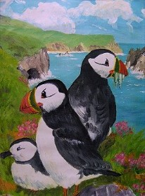 Family of Puffins (Oil)